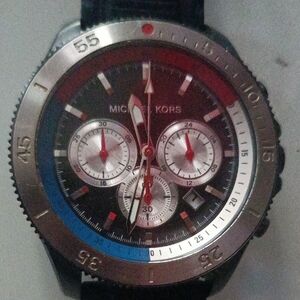 Mens Michael Kors Black and Silver Watch with Red Accents